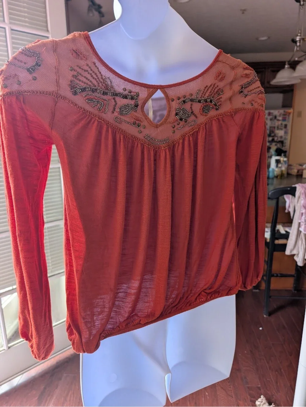 1826 - Free People Orange Embellished Long Sleeve Blouse XS